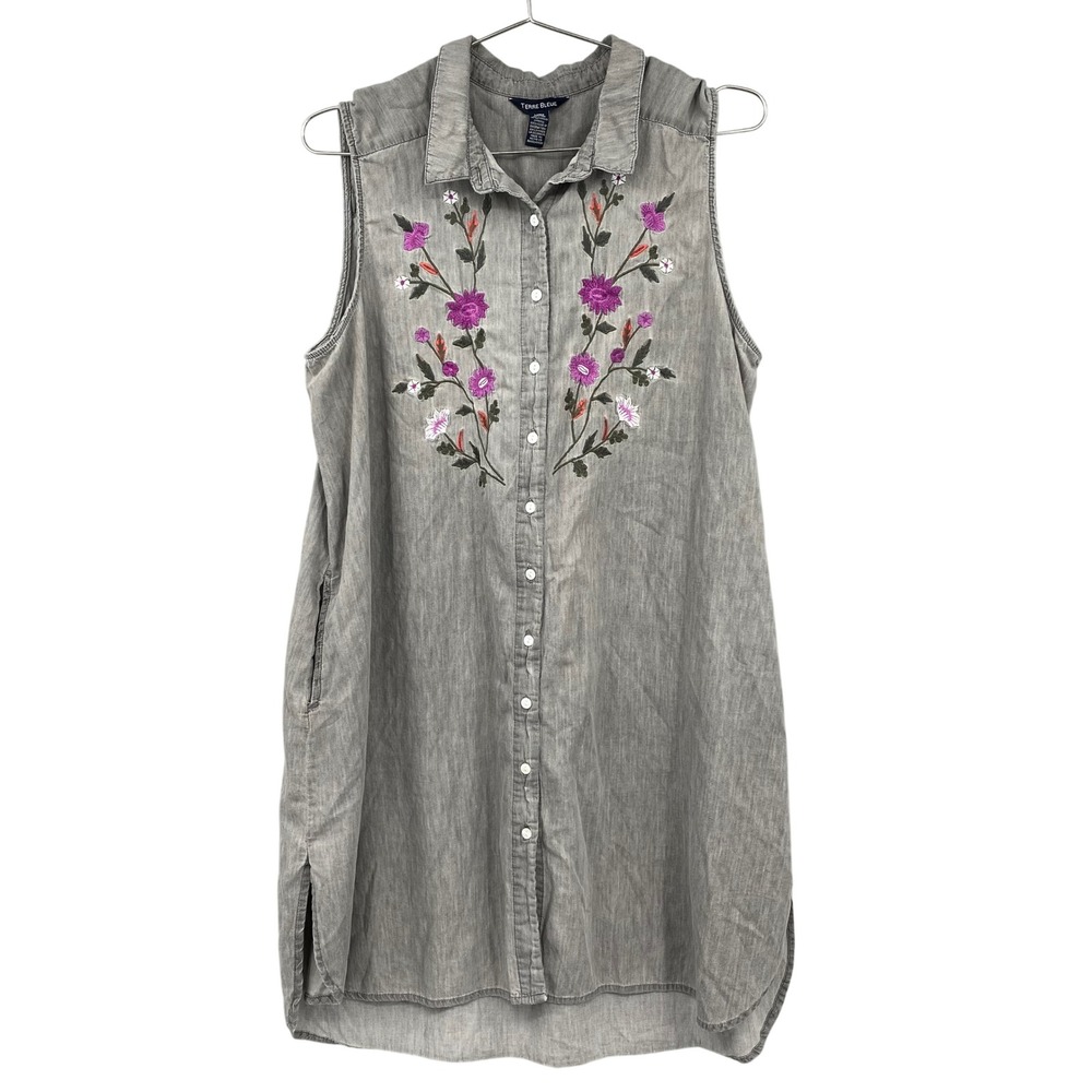 Terre Bleue Womens Large‎ Grey Lyocell Floral Embroidered Sleeveless Shirt Dress